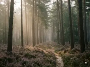Ochtendmist tussen hoge dennenbomen in het Veluwse bos, met paarse heide en een smal zandpad dat verdwijnt in de nevel.