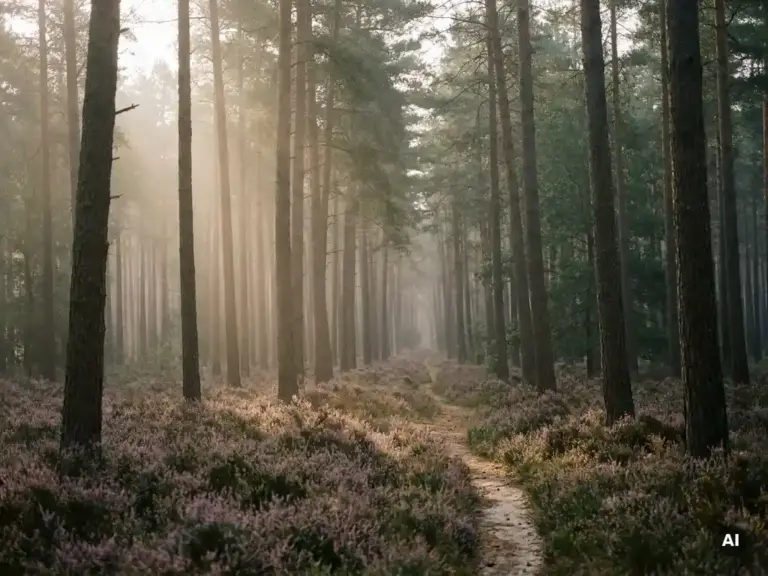 Ochtendmist tussen hoge dennenbomen in het Veluwse bos, met paarse heide en een smal zandpad dat verdwijnt in de nevel.