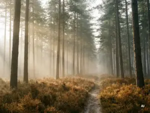 Ochtendmist tussen hoge dennenbomen in het Veluwse bos, smal zandpad verdwijnt in de nevel over een tapijt van amberkleurige heide.