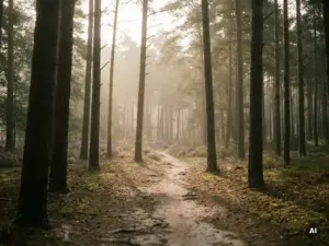 Ochtendmist tussen hoge dennenbomen op de Veluwe, met zacht licht op een smal zandpad en paarse heide op de achtergrond.