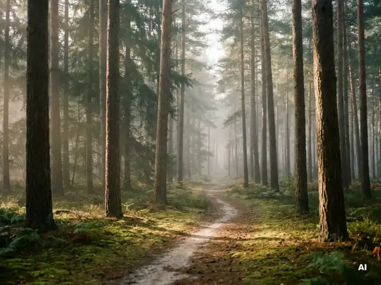 Ochtendmist tussen hoge dennenbomen in het Veluwse bos, smal zandpad verdwijnt in de nevel, zacht gefilterd licht op een mosrijke bosbodem.