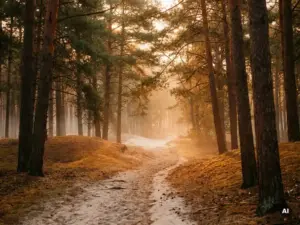 Smal zandpad door dennenbos op de Veluwe bij gouden uur, met amberkleurige stuifzanden en ochtendmist tussen de grove dennen.