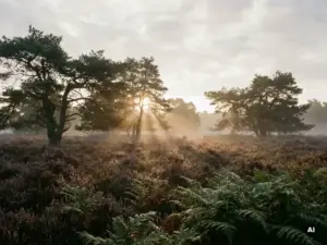 Mistige ochtendzon tussen oude dennenbomen op de Veluwse heide, paarse heide met dauwdruppels op varens en lichte grondmist.