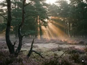 Mistige ochtendzon door hoge dennenbomen op de Veluwse heide, met paarse heide en goudkleurig licht in een open zandvlakte.