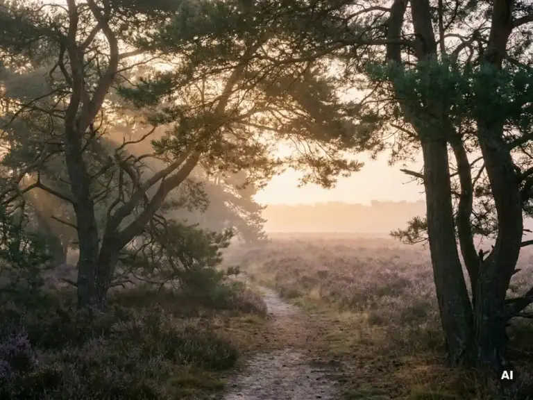 Gouden ochtendmist tussen oude pijnbomen op de Veluwe, met een paars heideveld en zandpad in zacht herfsttlicht.