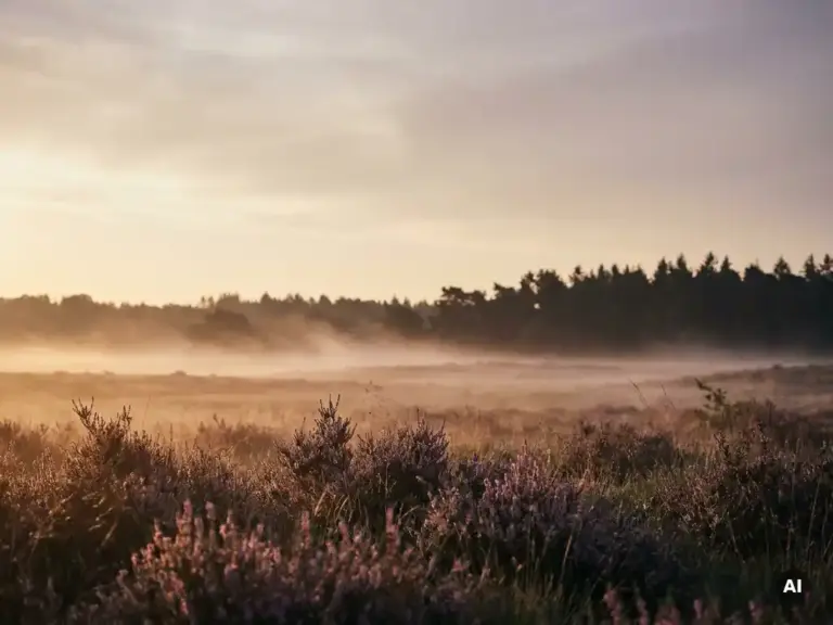 Mistige Veluwse heide bij zonsopgang, paarse heide voor een dennenbossilhouet, met warme amber- en violettinten in de ochtendschemering.