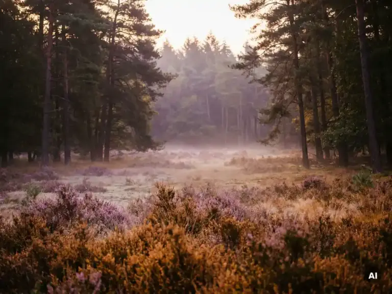 Mistige ochtendzon door hoge dennenbomen op de Veluwe, met gouden en paarse heide die zich uitstrekt naar een verre boomgrens.