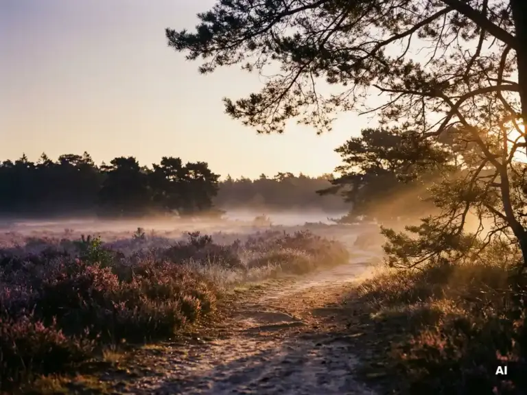 Paarse heide in volle bloei op de Veluwe, met ochtendmist, silhouet van dennenbos en gouden herfstlicht op een zandpad.