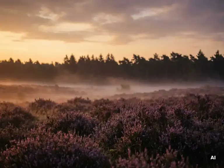 Paarse heide op de Veluwe in gouden ochtendlicht, met lage mist boven het open landschap en een dennenbos aan de horizon.