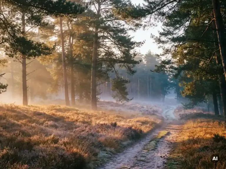 Mistig ochtendlicht over gouden Veluwe heide met hoge pijnbomen en een smal zandpad dat verdwijnt in het bos.