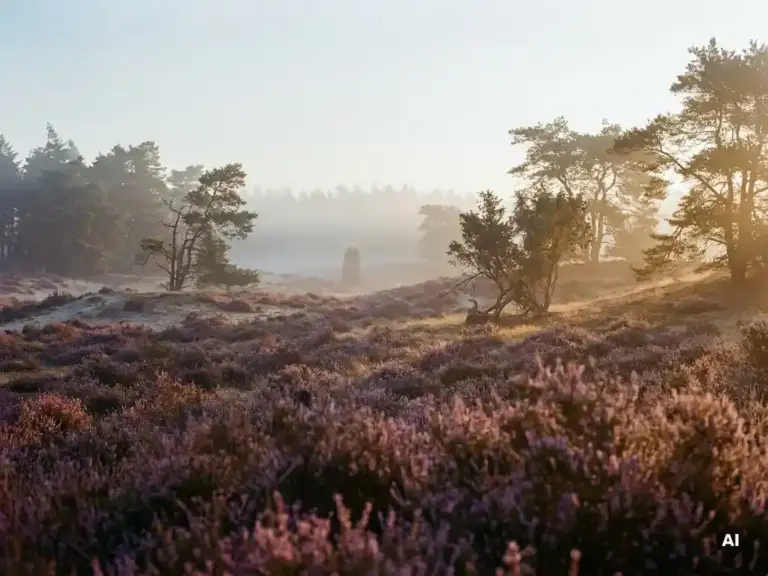 Mistige heidegrond op de Veluwe bij dageraad, paarse heide over zandheuvels met dennenbomen in zachte ochtendmist.