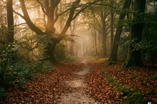 Oud beukenbos op de Veluwe in gouden uurtje, amberkleurig herfstlicht door hoge boomkruinen op een zandpad met koperkleurige bladeren.
