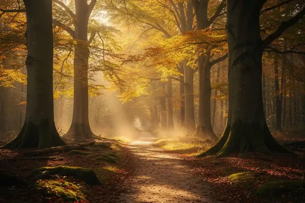 Bemoste bospad tussen oude beukenbomen op de Veluwe, met gouden ochtendlicht door het bladerdak en lichte mist boven de grond.