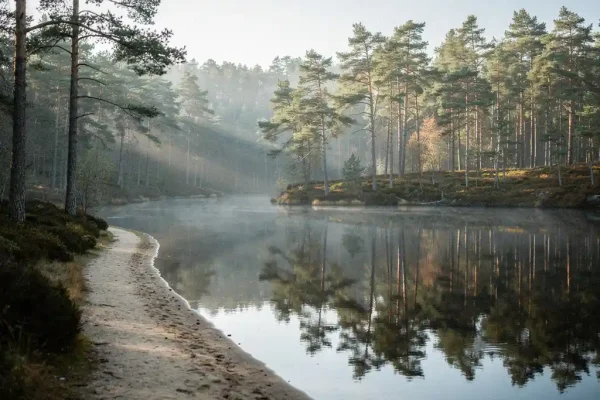 Bosven omgeven door Schotse dennen weerspiegeld in stil donker water, smal zandpad langs de oever in mistig ochtendlicht.