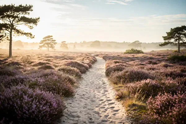 Zandpad door paarse heide met Scots dennenbomen in ochtendmist, gouden tegenlicht boven Nederlands heidelandschap.