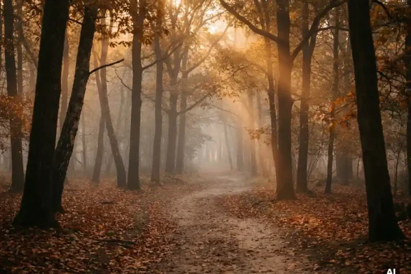 Mistig herfstpad op de Veluwe met gouden berken en eiken, warme ochtendzon door het bladerdak en roestige bladeren op de bosbodem.