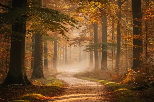 Kronkelend bospad door hoge eiken en beuken met gouden herfstbladeren, ochtendmist tussen de stammen en zacht tegenlicht.