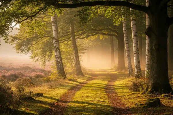 Bospad door eeuwenoude eiken en berken in de Hoge Veluwe, goudkleurig ochtendlicht filtert door het bladerdak op een tapijt van mos.