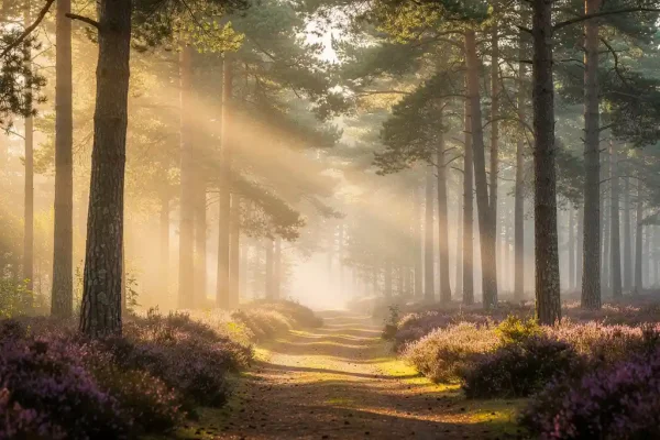 Mistig bospad op de Veluwe met hoge dennenbomen, gouden ochtendlicht en paarse heide op de achtergrond.