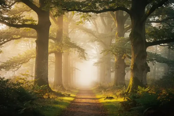 Mistig bospad op de Veluwe tussen mos bedekte eiken, gouden ochtendlicht filtert door het bladerdak.