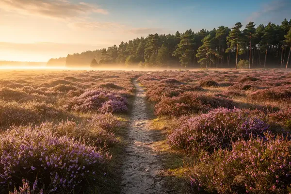 Bloeiende paarse heide op de Veluwe met een zandpad naar het dennenbos, gouden ochtendlicht en lage mist over het landschap.