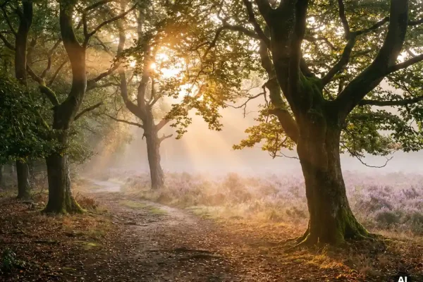 Mistig beukenbos op de Veluwe met gouden ochtendlicht door lage mist, paarse heide langs een kronkelend bospad.