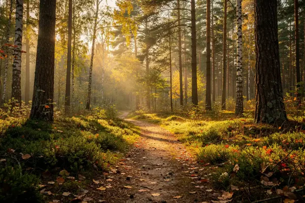 Zonnig bospad op de Veluwe met gouden lichtstralen door dennen en berken op een tapijt van mos en bladeren.