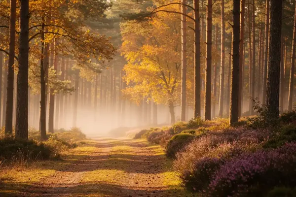 Bospad op de Veluwe omringd door grove dennen, paarse heide en gouden herfstochtendlicht met lichte mist tussen de boomstammen.