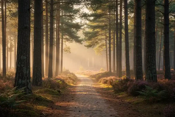 Smal zandpad door eeuwenoude dennenbomen op de Veluwe, met ochtendmist tussen de stammen en paarse heide op de achtergrond.