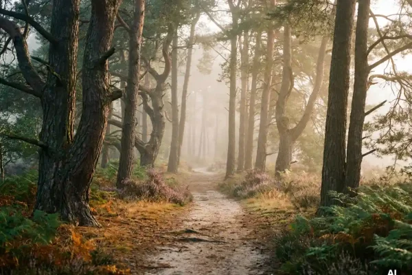 Mistig bospad op de Veluwe met oude pijnbomen, paarse heide en gouden ochtendlicht dat door de boomkruinen filtert.