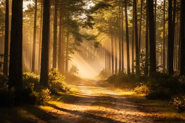 Zandpad op de Veluwe tussen hoge dennenbomen, met gouden ochtendlicht en lichte mist tussen de stammen.