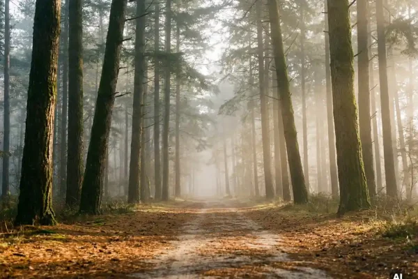 Mistig bospad op de Veluwe met hoge pijnbomen, gouden ochtendlicht en een tapijt van amberkleurige dennennaalden.