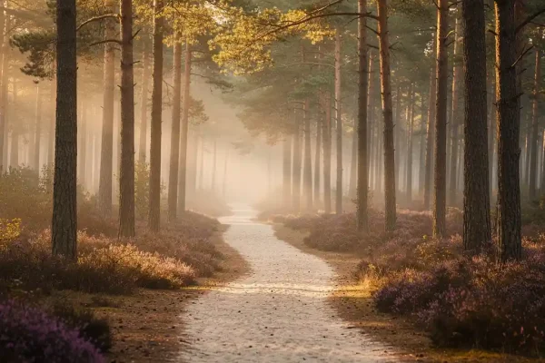 Smal zandpad door Veluwse dennenbossen met ochtendmist, gouden herfsttlicht en paarse heide langs de bosrand.