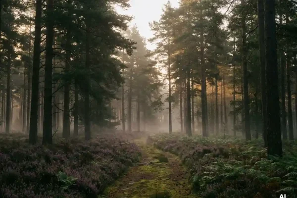 Mistig bospad op de Veluwe met hoge pijnbomen, paarse heide en gouden ochtendlicht dat door het bladerdak filtert.