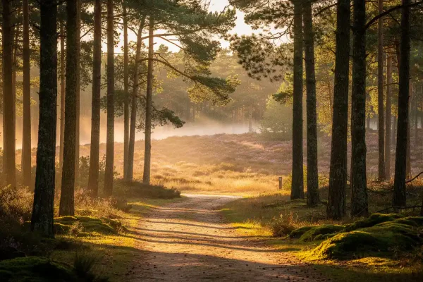 Zandpad door dennenbos op de Veluwe met ochtendmist, gouden zonlicht en paarse heide op de achtergrond.