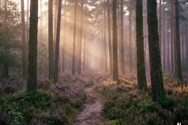 Mistig bospad op de Veluwe met zonnestralen door oude dennenbomen en een tapijt van paarse heide op de achtergrond.