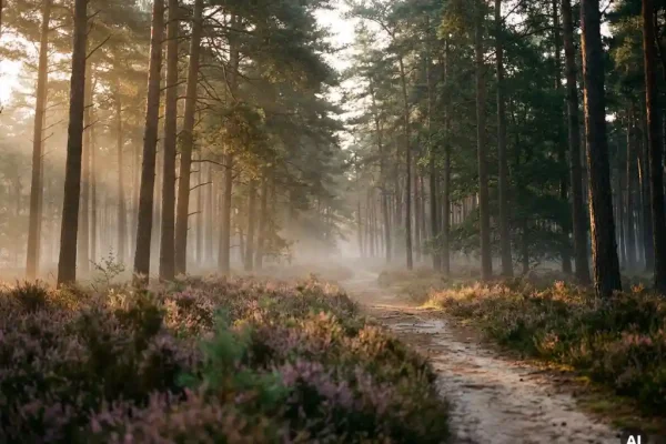 Mistige ochtendzon filtert door hoge dennenbomen op de Veluwe, met gouden lichtstralen over een tapijt van paarse heide langs een kronkelend zandpad.