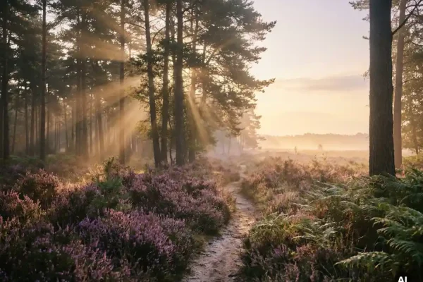 Mistige ochtend in het Veluwse dennenbos met gouden lichtstralen door lage nevel boven paarse heide langs een smal zandpad.