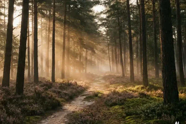 Mistig ochtendlicht door hoge dennenbomen op de Veluwe, met gouden zonnestralen boven paarse heidegrond en een kronkelend zandpad.