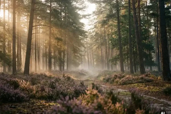 Gouden ochtendlicht door dennenbos op de Veluwe, met paarse heide op de bosbodem en lage mist tussen de bomen.