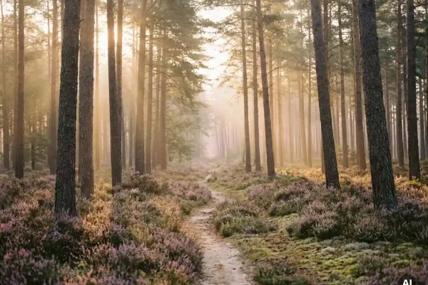 Ochtendmist tussen hoge dennenbomen op de Veluwe, gouden licht over paarse heide langs een smal zandpad.