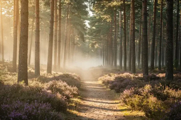 Ochtenddauw in Veluwse dennenbossen met gouden licht door hoge stammen op paarse heide langs een smal zandpad.