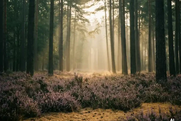 Ochtendmist tussen hoge dennenbomen in het Veluwse bos, met paarse heide en zacht gouden licht op de zandbodem.