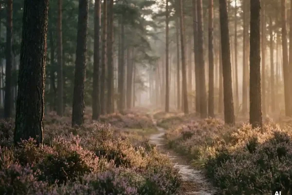 Ochtendmist tussen hoge dennenbomen op de Veluwe, met paarse heide langs een smal zandpad in zacht goudkleurig licht.