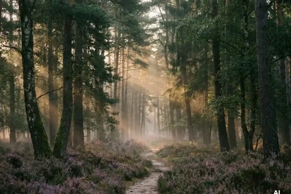 Mistig ochtendlicht tussen hoge dennenbomen op de Veluwe, met gouden zonnestralen op een tapijt van paarse heide langs een smal zandpad.