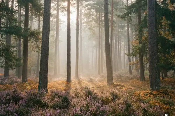 Ochtendmist tussen hoge dennenbomen op de Veluwe, met paarse heide op de bosbodem en zacht herfstig licht.
