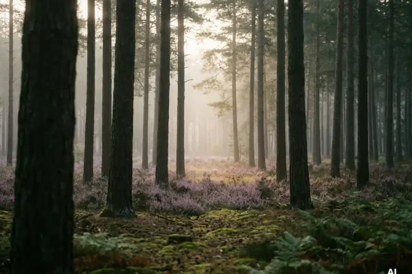 Ochtendmist tussen hoge dennenbomen in het Veluwse bos, met paarse heide en met mos bedekte bosbodem op de voorgrond.