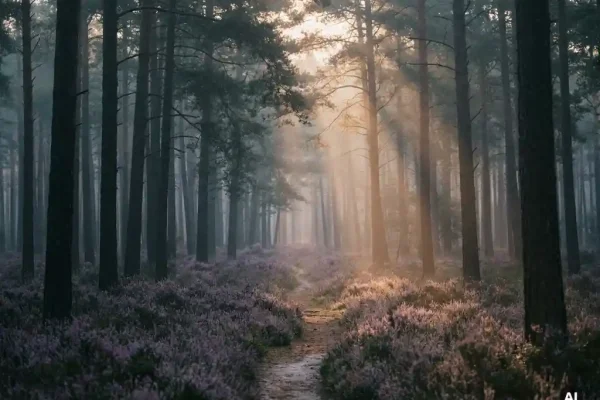 Ochtendmist tussen hoge dennenstammen op de Veluwe, met paarse heide en zacht amberkleurig licht langs een smal zandpad.