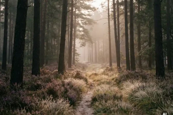 Ochtendmist tussen hoge dennenbomen op de Veluwe, met paarse heide langs een smal zandpad dat verdwijnt in de nevel.