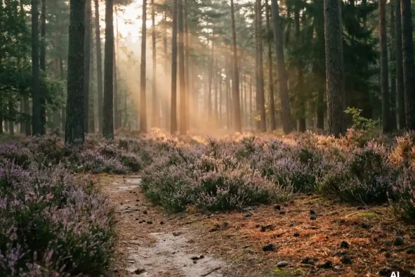 Ochtendmist tussen hoge dennenstammen in het Veluwse bos, met paarse heide en een smal bospad in zacht goudlicht.